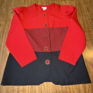 Vtg Good Times Gingham Blazer 1980s‎ Puff Shoulders Womens Collarless Size 14